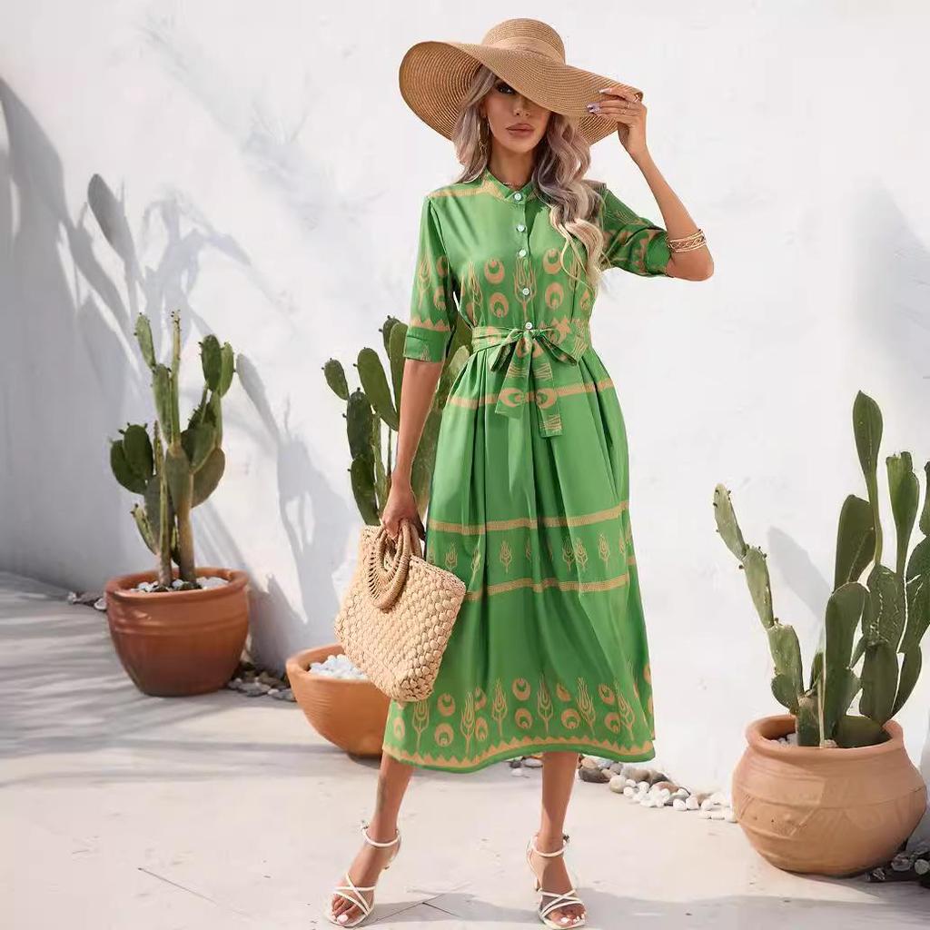 2026 Women's European and American Ethnic Style Summer Printed Five-Sleeve Dress