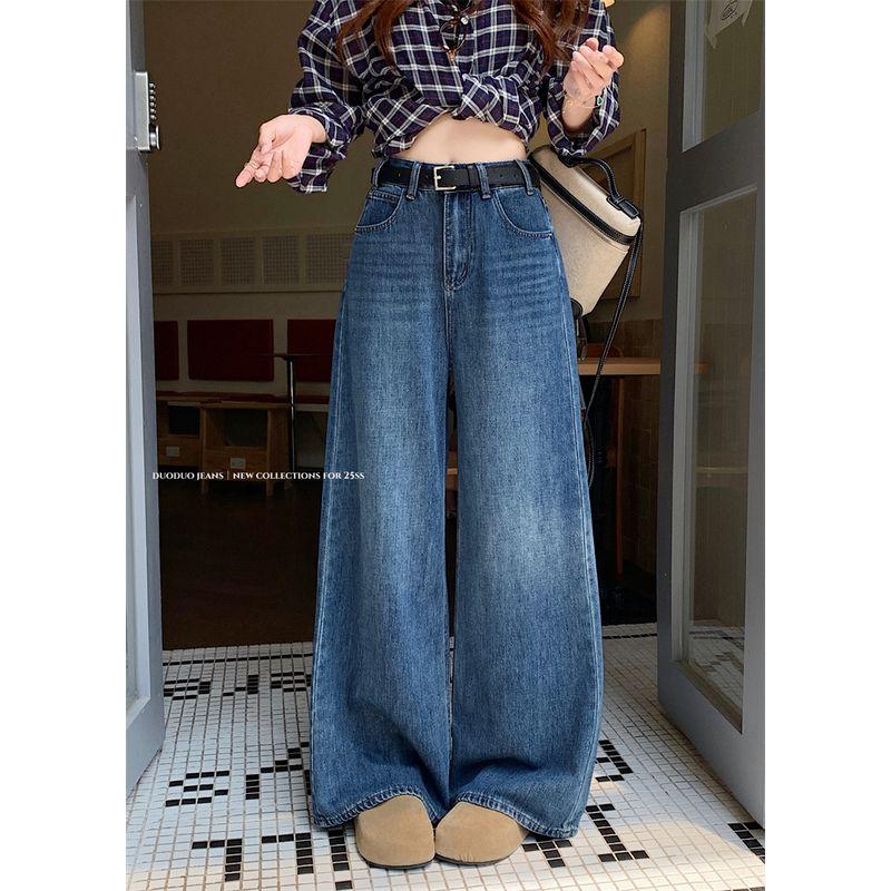 

Kumikumi American vintage Washed Blue Wide Leg Jeans Women clothes Autumn Loose Slimming All-Match Straight Pants Blue XL