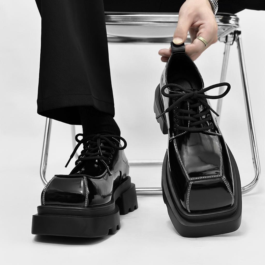 Men's Japan Karajuku Korean Style Fashion Glossy Streetwear Thick Platform Casual Black Leather Shoes Lace Up Sneakers Shoes
