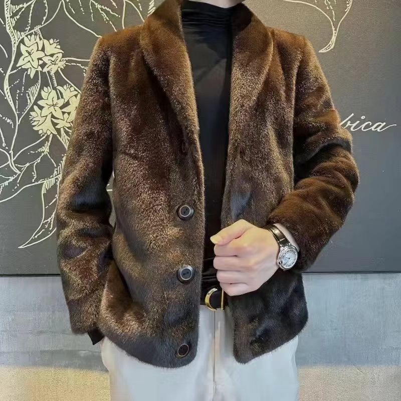 

Mens Brown Faux Fur Lapel Button Down Short Jacket Soft Daily Wear XL коричневый