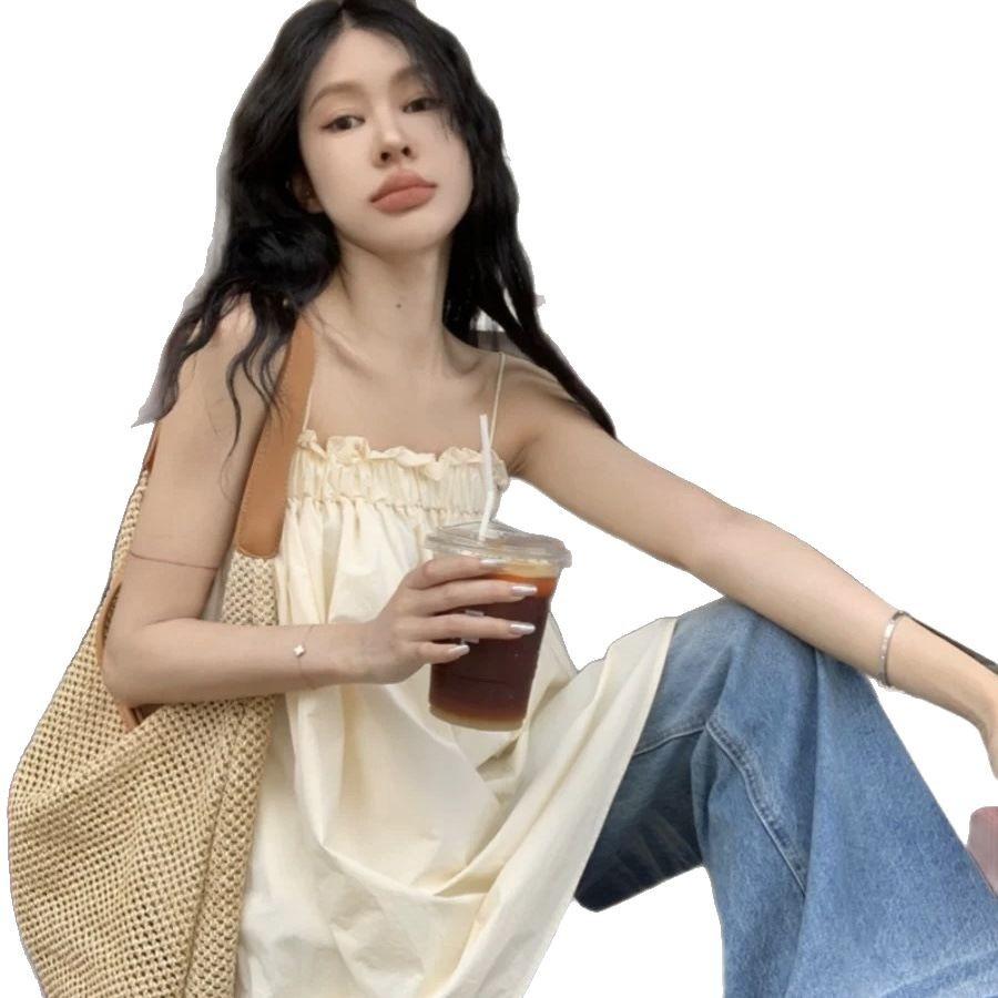 Pure desire wind one-word shoulder fungus edge sling vest women's spring and summer inner loose tube top design medium and long top