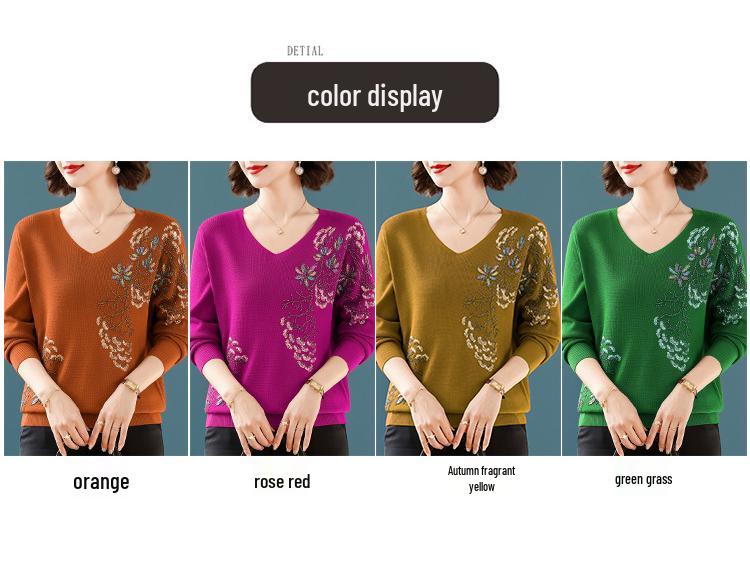 Happy Mother-in-law V-neck Red Knitwear with Handmade Sequin Embroidery - Slimming and Age-Reducing Top for Spring and Autumn