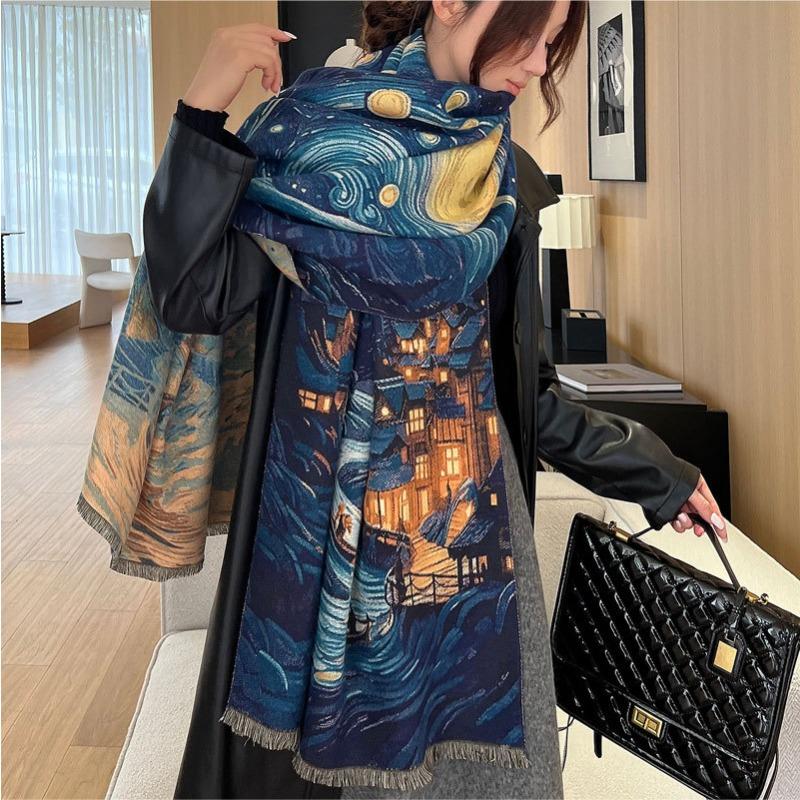 Autumn and Winter Scarf Women's High-end Imitation Cashmere Starry Sky Oil Painting Shawl Versatile Thickened Warm Jacquard Scarf Scarf Scarf
