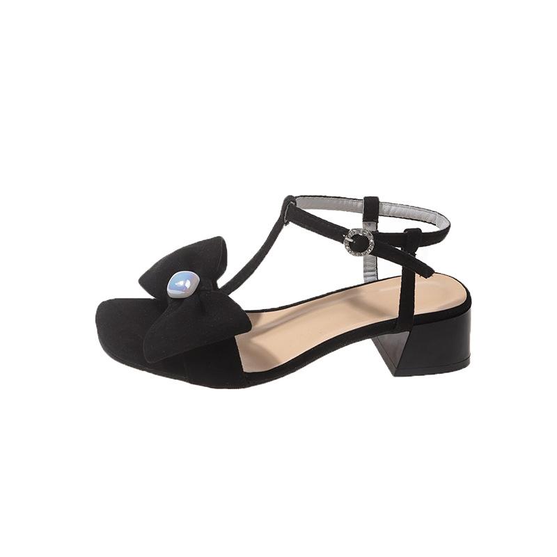 High Heels Women's Summer 2025 New Pearl Bow with Hollow Square Head Middle Heel Fashion Sandals Women