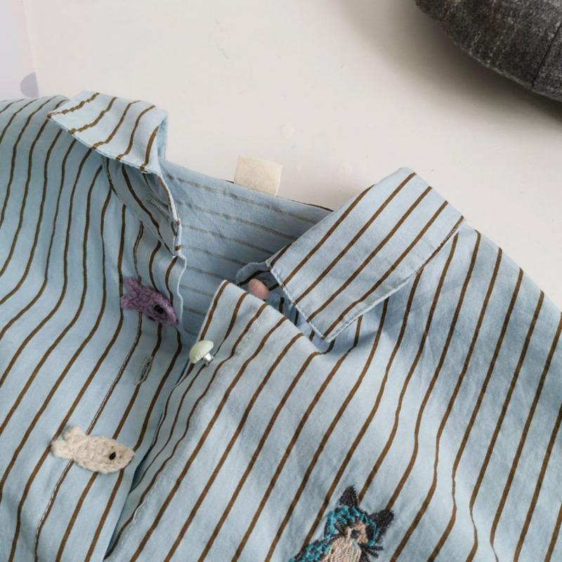 Embroidered Korean Vertical Striped Cotton Long-sleeved Design Versatile Shirt Women Autumn New