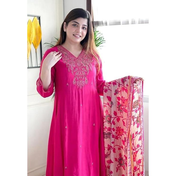 Pink Embroidery Designer Kurti Pant Dupatta Set Indian Women Ethnic Kurta Set