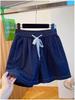 Women's Dark Blue High-Waist Retro Drawstring Denim Shorts - Summer, Loose Fit, Wide Leg