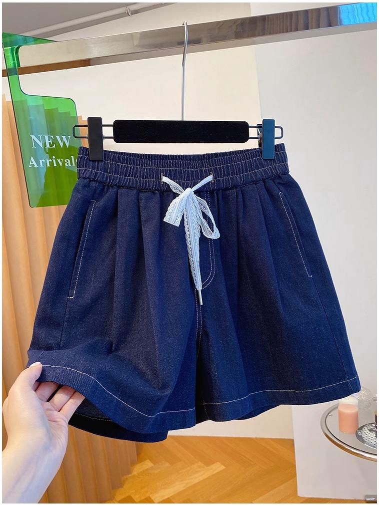 Women s Dark Blue High-Waist Retro Drawstring Denim Shorts - Summer, Loose Fit, Wide Leg 3XL