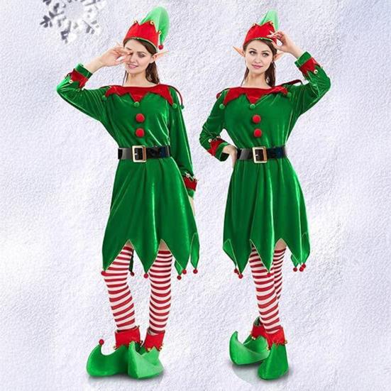 Kids Christmas Elf Costume Green Velvet Dress with Hat Shoes & Accessories for Boys Girls Holiday Play Outfit for School Performances Parties