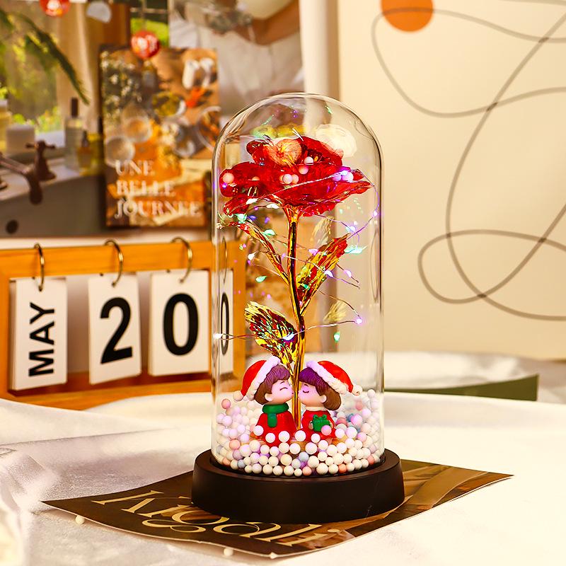 Rose Flower Preserved in Glass Dome with Night Light - Mother's Day or Birthday Gift Ornament
