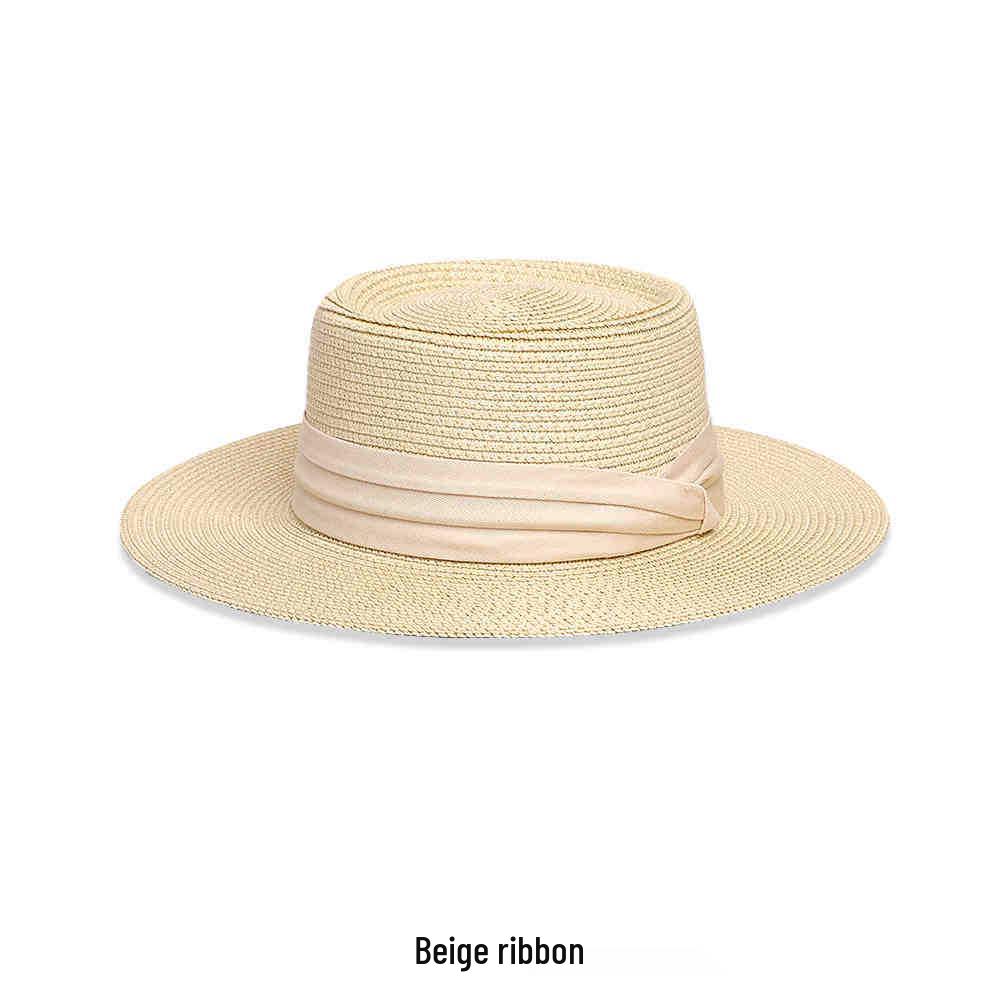Women's French Summer Straw Hat, Large Brim, Ribbon, Flat Top, Outdoor Travel Sun Protection