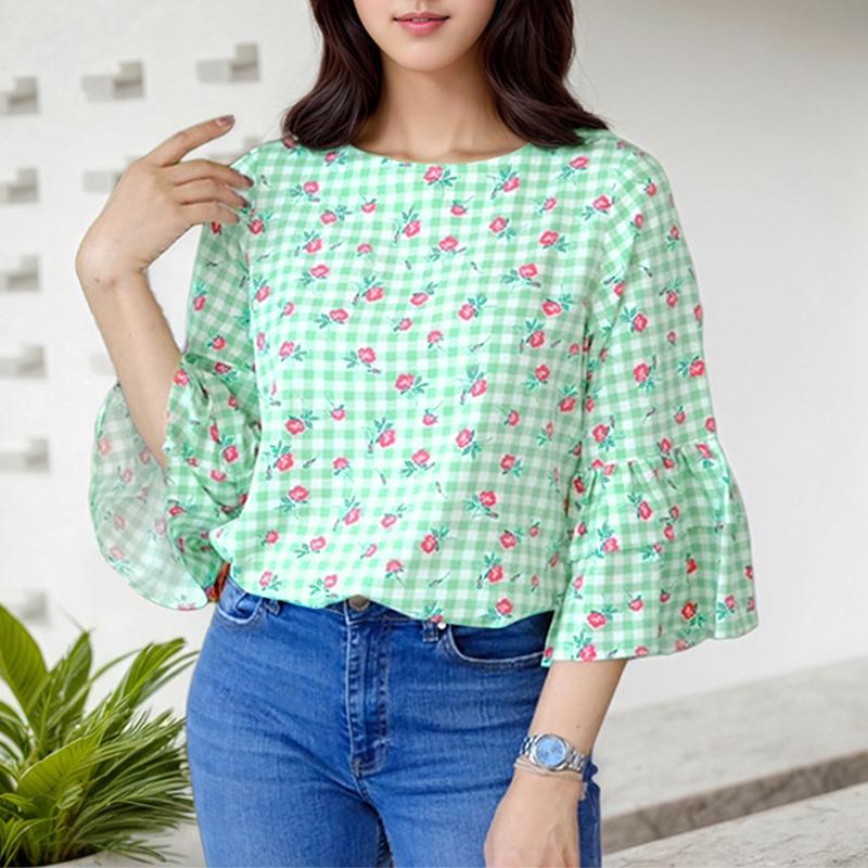 

ZANZEA Женская повседневная блузка с цветочным принтом, круглым вырезом и рукавами 3/4, свободная, в клетку 5XL зелёный