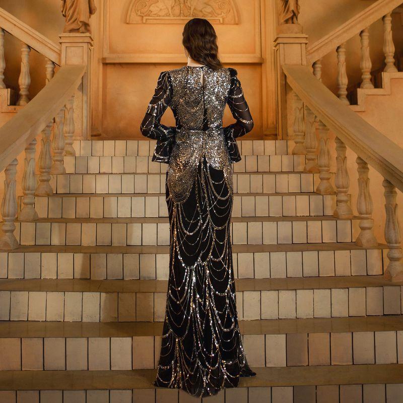 New European and American Style Long-Sleeve Round-Neck Slim-Fit Sequin Mermaid Evening Dress
