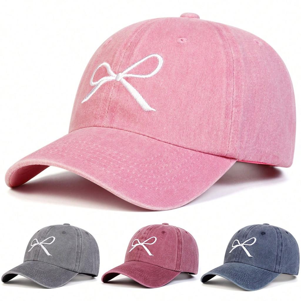 Unisex Bow Embroidery Wash Baseball Caps Spring and Autumn Outdoor Adjustable Casual Hats Sunscreen Hat