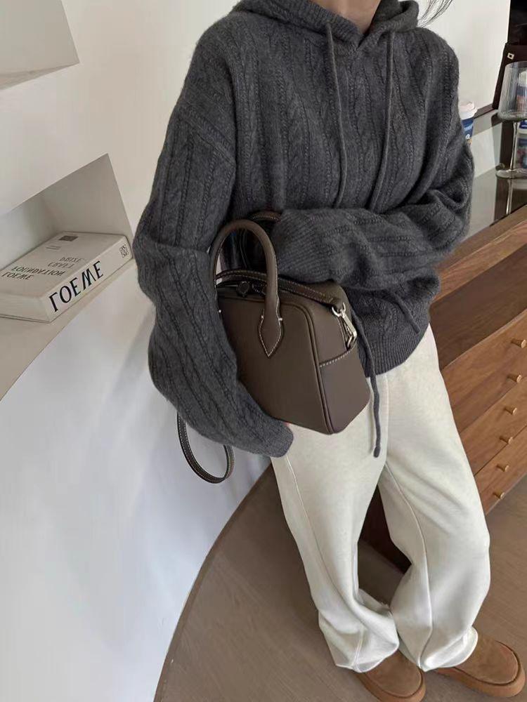 Women's Hooded Pure Wool Cable Knit Sweater - Loose Slimming Fit, Solid Color, Ideal for Autumn/Winter