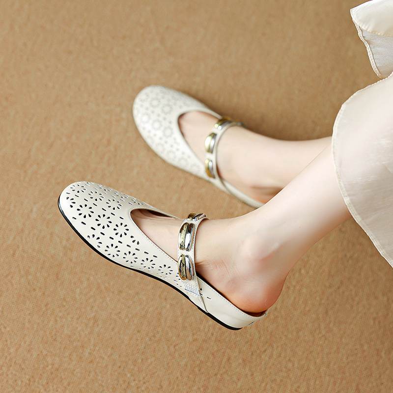Krazing Pot Cow Skin Mules Round Toe Size 42 Low Heels Slip On Light Shoes Increased Hollow Style Autumn Pumps
