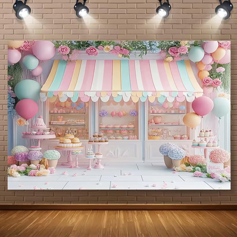 2D Cute Dessert Shop Backdrop, Pastel Macaron Photography Background