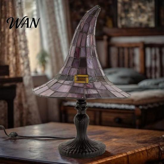 Retro Gothic Lighting Stained Glass Witch Hat Lamp, USB Powered Resin Night Light, Colored Lampshade Halloween Table Lamp for Bedroom Bookshelf Mantel