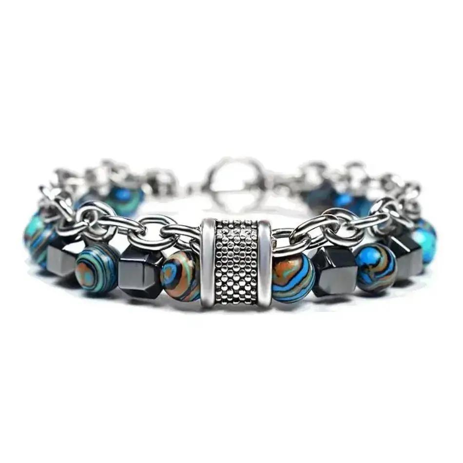 1 Pcs Rock Bead Gemstones Bangles Jewelry Making Stainless Steel Charm Natural Stone Beads Bracelet For Men