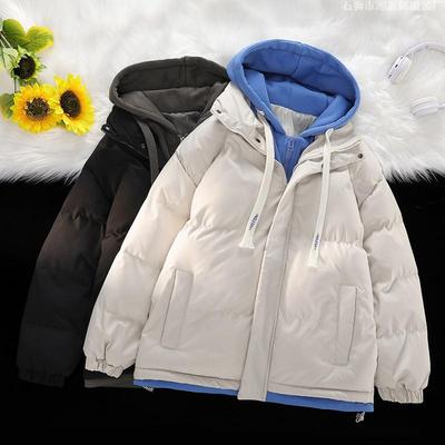 Veste à capuche rembourrée de coton à deux pièces factices Nouvelle collection Hiver Homme Courte Lâche Épaisse Veste rembourrée de coton Veste d'hiver rembourrée en forme de pain