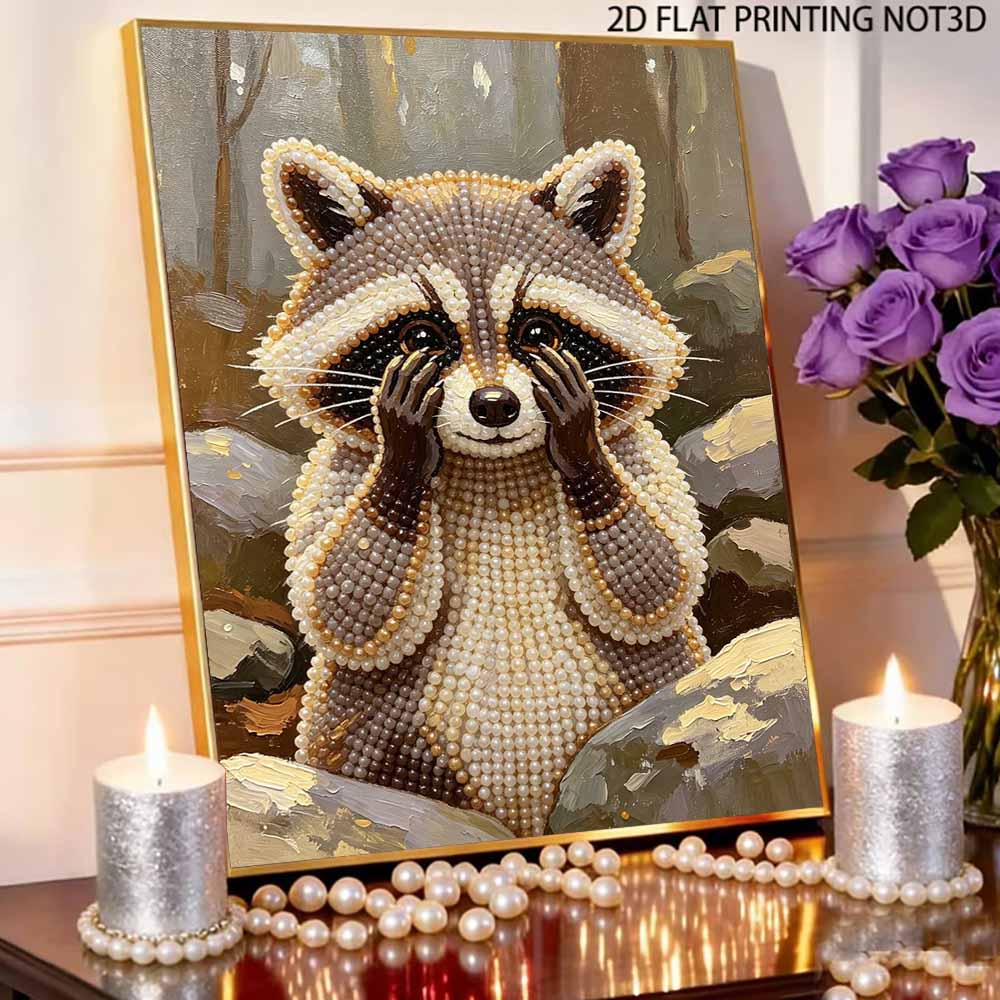 Sparkling Pearl Painting on Stretched Frame Cute Raccoon DIY Bead Art Canvas Relaxing Hobby Gift for Craft Lovers Home Wall Decor Idea