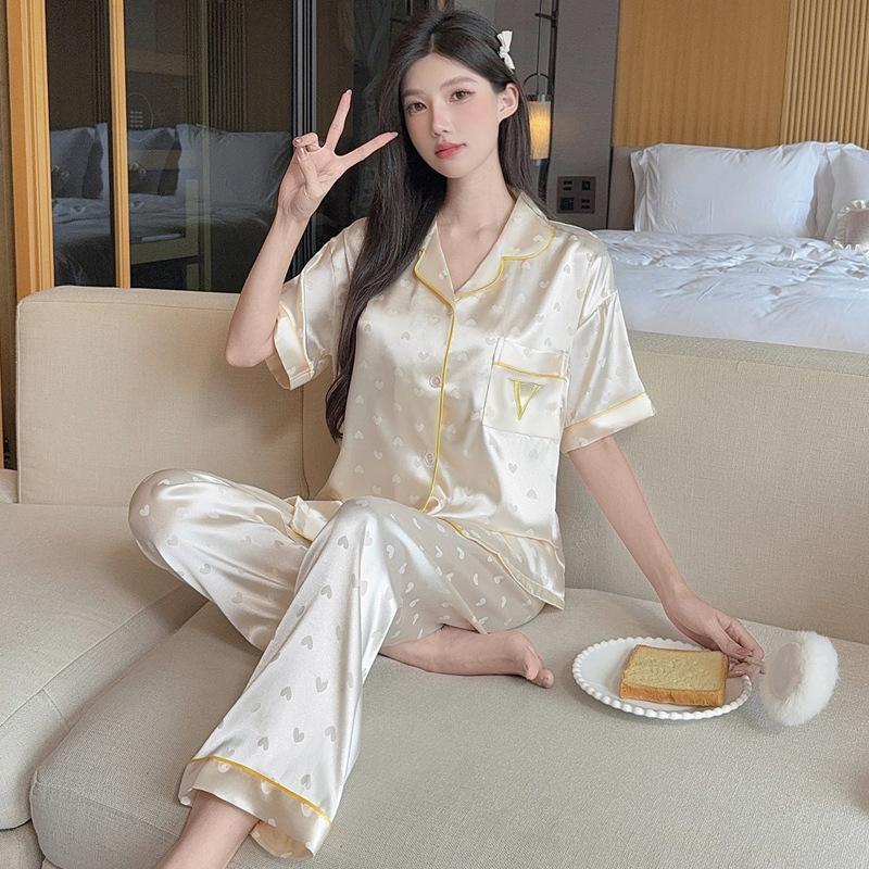 Summer Girl High-End Love Short-Sleeved Trousers Pajamas Women'S Ice Silk Cool Casual Loungewear Set