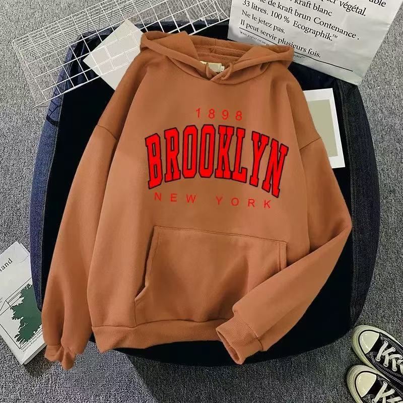 Women Hoodie Brooklyn Letter Print Fleece Lined Thick Oversized Loose Mid-Length Pullover Hooded Sweatshirt Korean Lazy Style Autumn Winter Casual Top