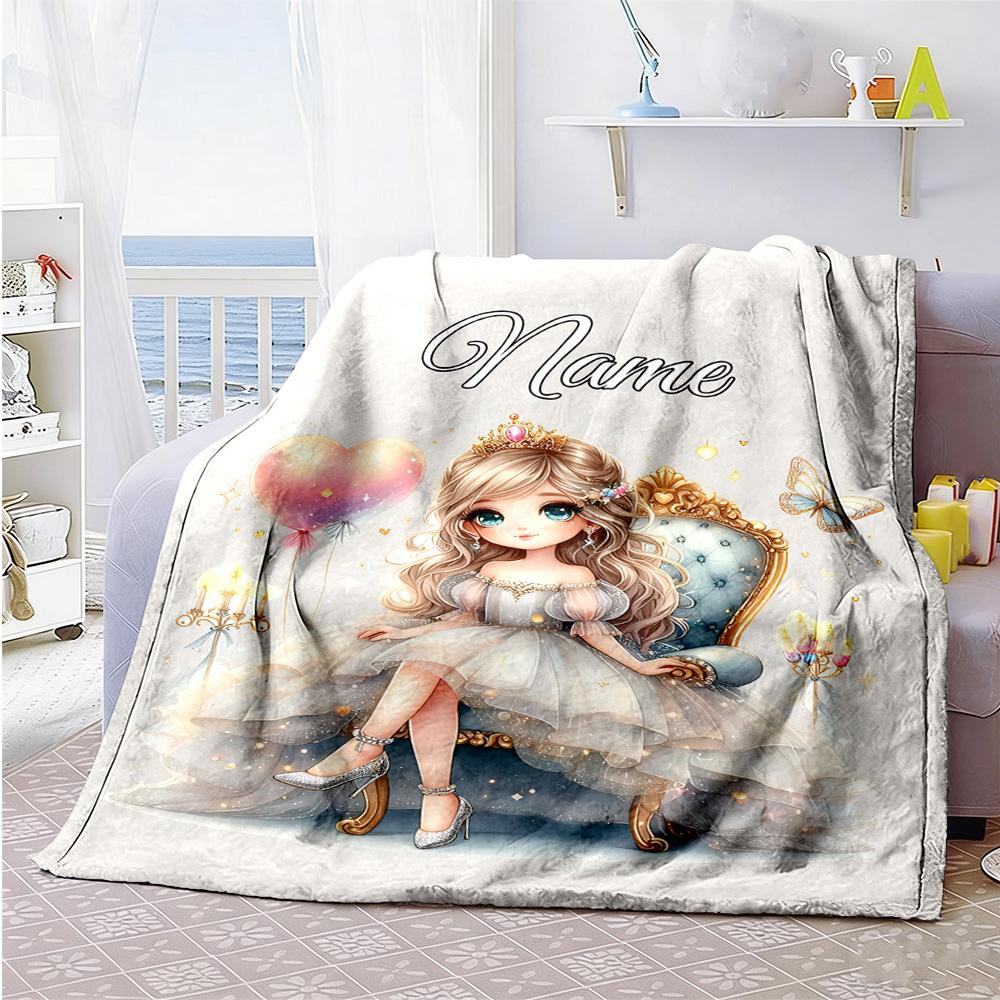 Pretty Princess Style Personalized Name Blanket Lightweight Customizable Blanket Soft Warm Cozy Versatile for Livingroom Bedding Office Chair