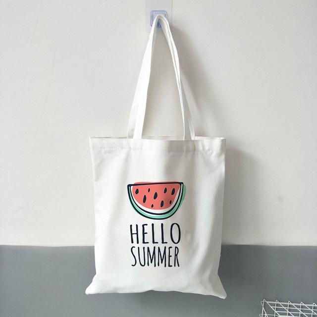 New Women's Casual Canvas Shopping Bag Hello Summer Watermelon Print Eco Tote Travel Bag Lady Handbag Reusable Large Capacity