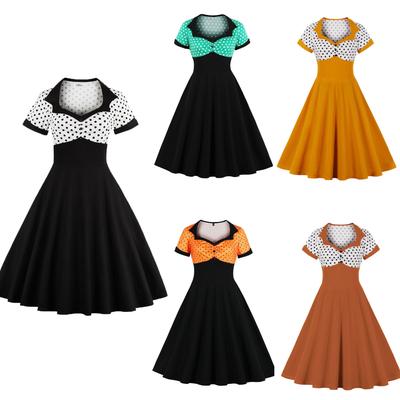Spring and Autumn Mid Length Skirts with Polka Dots, Retro Square Collar, Mid Waist Dresses, Fashionable Women's Dresses, Large Swing Skirts