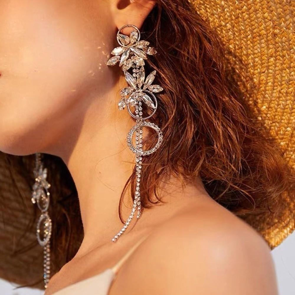 Versatile Fringe Hoop Earrings Flower Rhinestone Pendant Earrings Long Face Slim Elegant Exaggerated Large Earrings