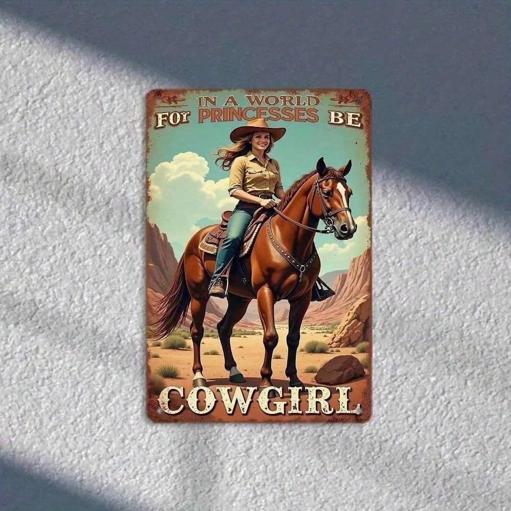 Retro Cowgirl Pferd Sonnenuntergang Wüste Metallblechschild Wanddeko für Mädchen