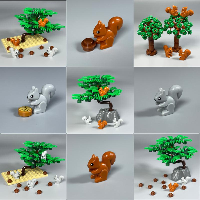 MOC Bausteine Eichhörnchen Tiere Pflanze Kiefer Hütte Gestrüpp Gestrüpp Dschungel Wald See Szene Baustein Kinderpuppen Kinderspielzeug