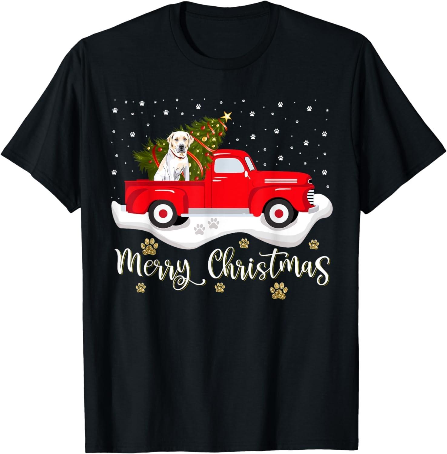 BEST! Red Truck Merry Christmas Tree Labrador Retriever Christmas Tee S-3XL XL