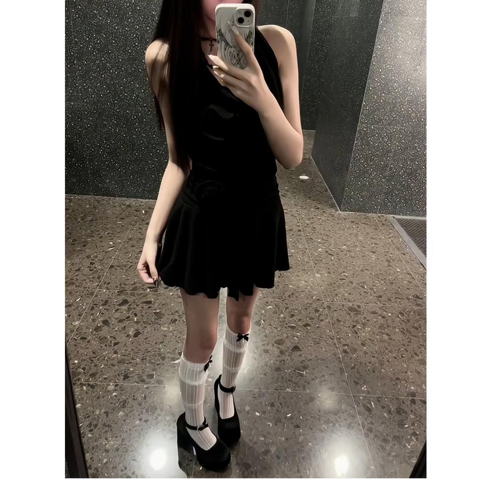 Black Neck Fake Two-piece Lace Dress for Women's Summer Leisure New Style Slim Neck Skirt