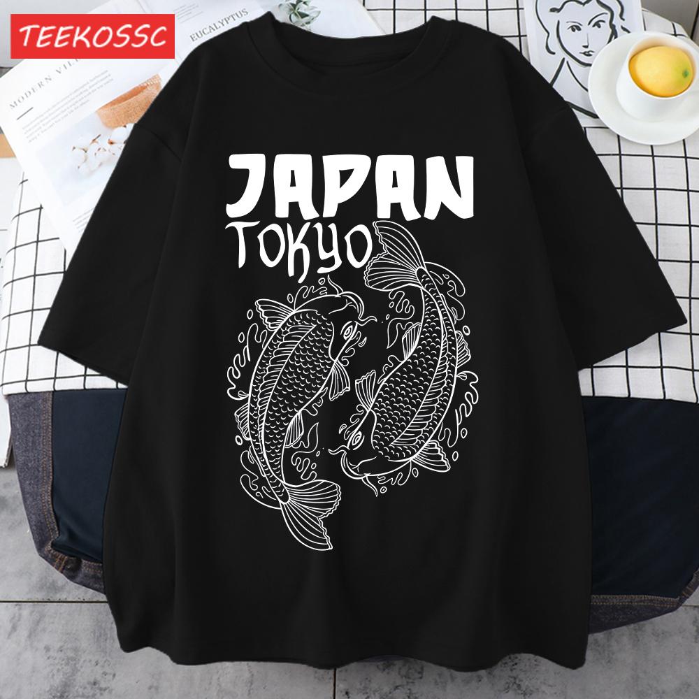 Japan Tokyo Harajuku Koi Print T Shirts Men Summer Cotton TShirt Hip Hop Loose Streetwear Unisex AllMatch Casual Clothing