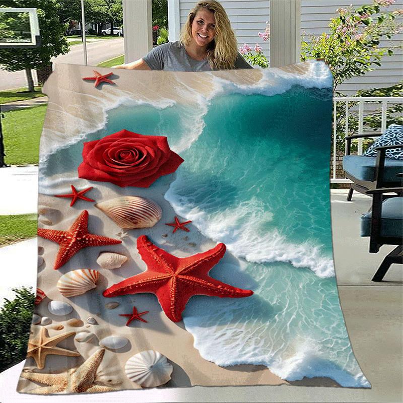 1pc Starfish Printing Lightweight Flannel Blanket, Comfortable and Warm Blanket, for Camping Sofa Bed and Couch Office, Suitable for Gift Bla
