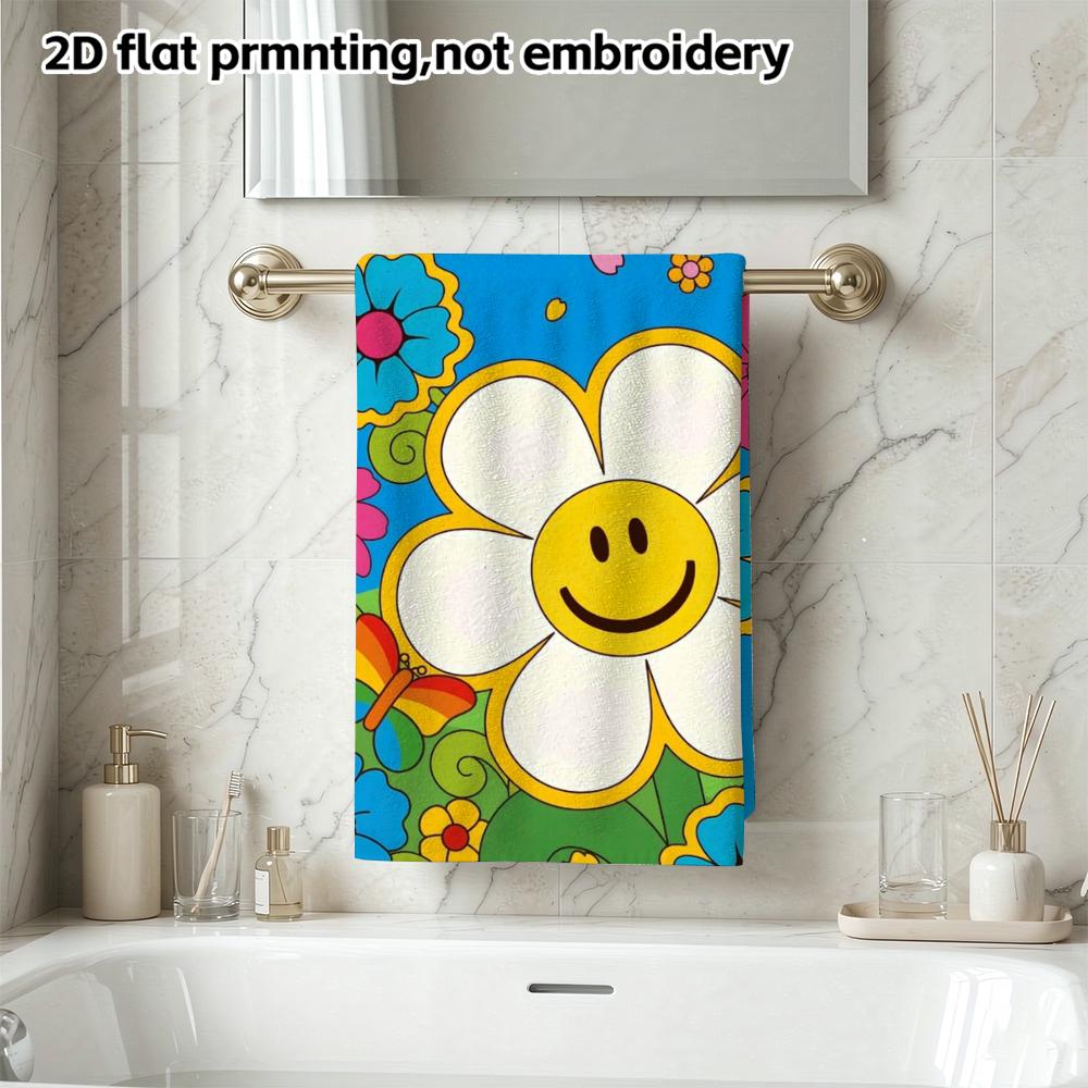 Smiley Daisy Print Lightweight Bath Towel, Soft Absorbent Beach Towel