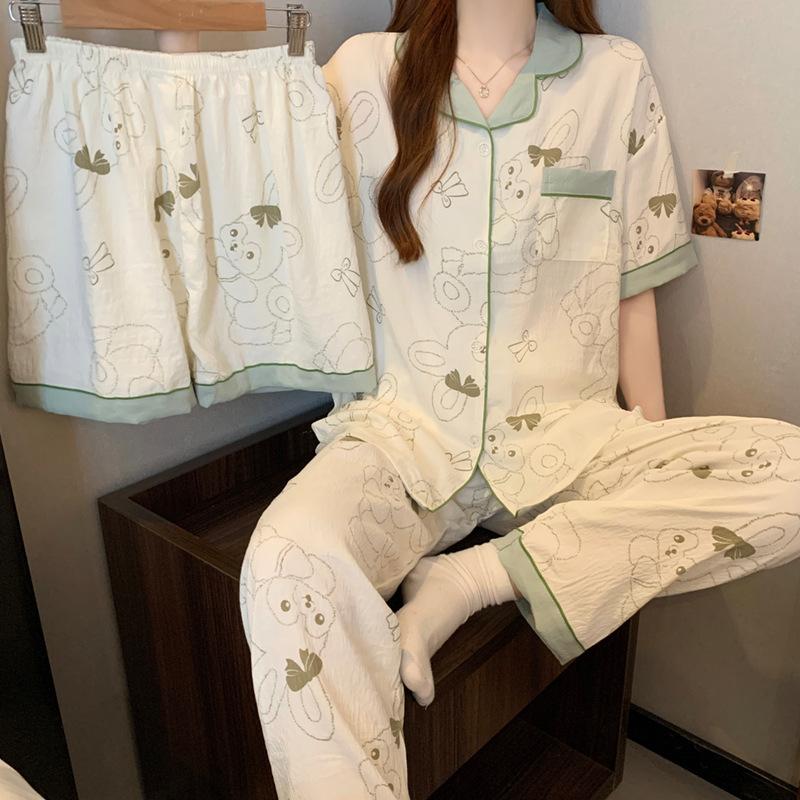 Girls Sweet Rabbit Cloud Cotton Pajamas Women'S Summer Comfortable Skin-Friendly Homewear Short Sleeve Three-Piece Set