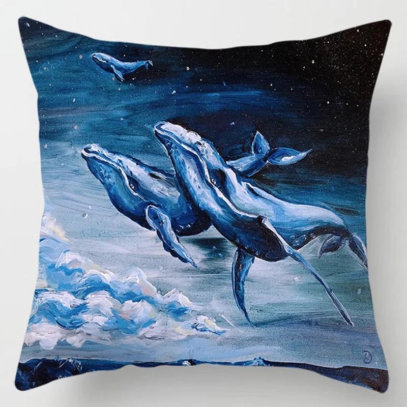 Ocean Whale Oil Painting Series Printed Pattern Cushion Cover Home Living Room Sofa Decoration Square Pillow  Cover45x45cm