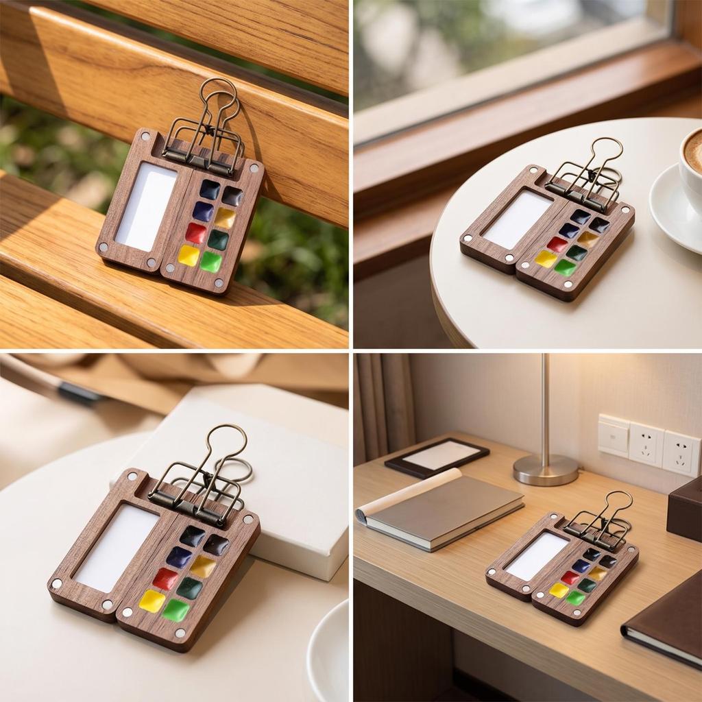 Watercolor Palette with Binder Clip Compact PocketSized Wooden Paint