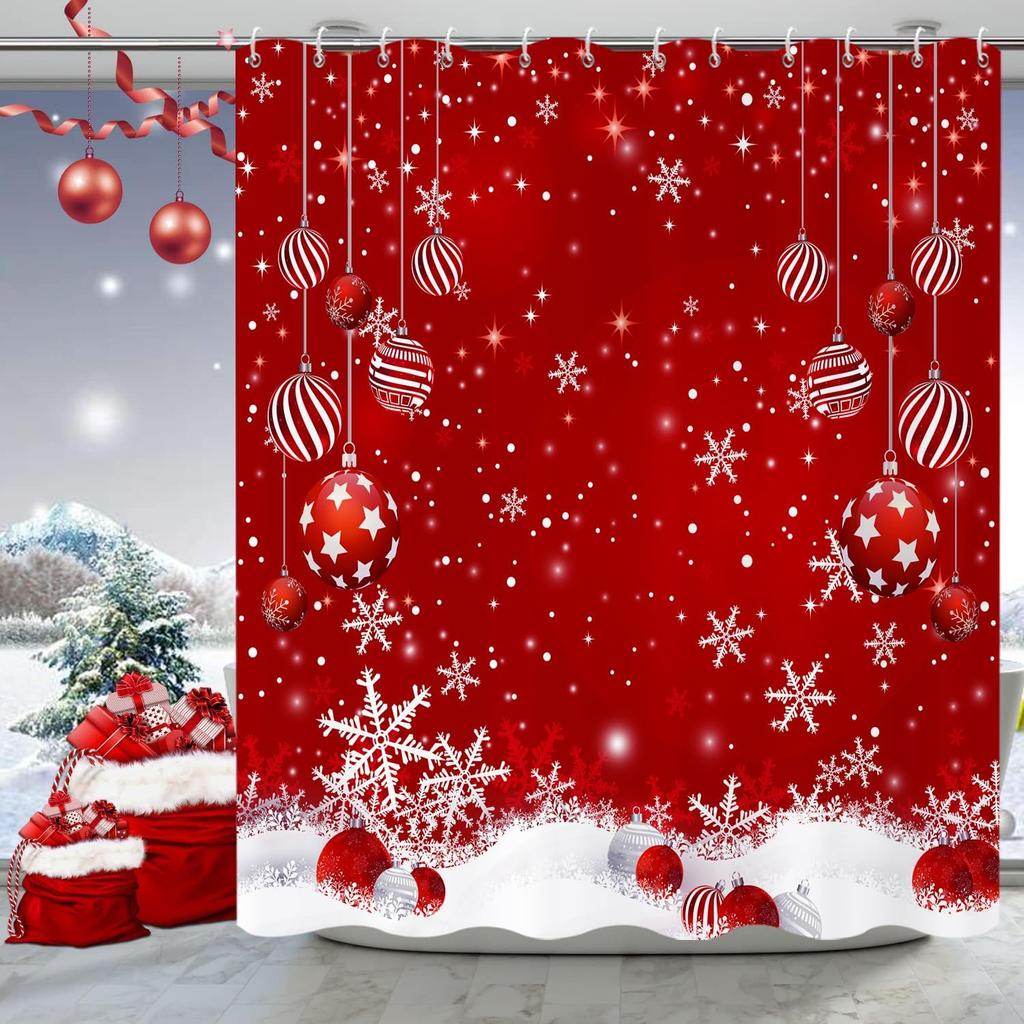 Rote Glitzer-Schneeflocken Weihnachts-Duschvorhang, Wasserdicht Xmas Winterparty Badezimmer Dekoration für Festliche Feiertagsfeier