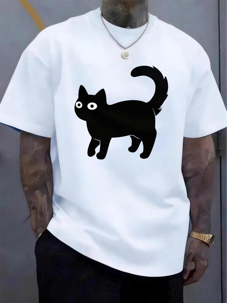 Men Black Crew Neck Tee Line Cat Pattern Print Oversized Short Sleeve Mens Summer Streetwear Ca