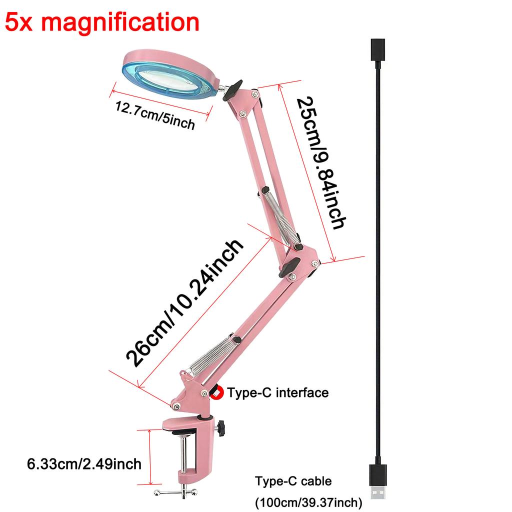 Professional 5X Magnifier Lamp with LED Light, 5 Color Modes & Dimmer, USB Powered, Adjustable Metal Arm & Clamp for Precision W