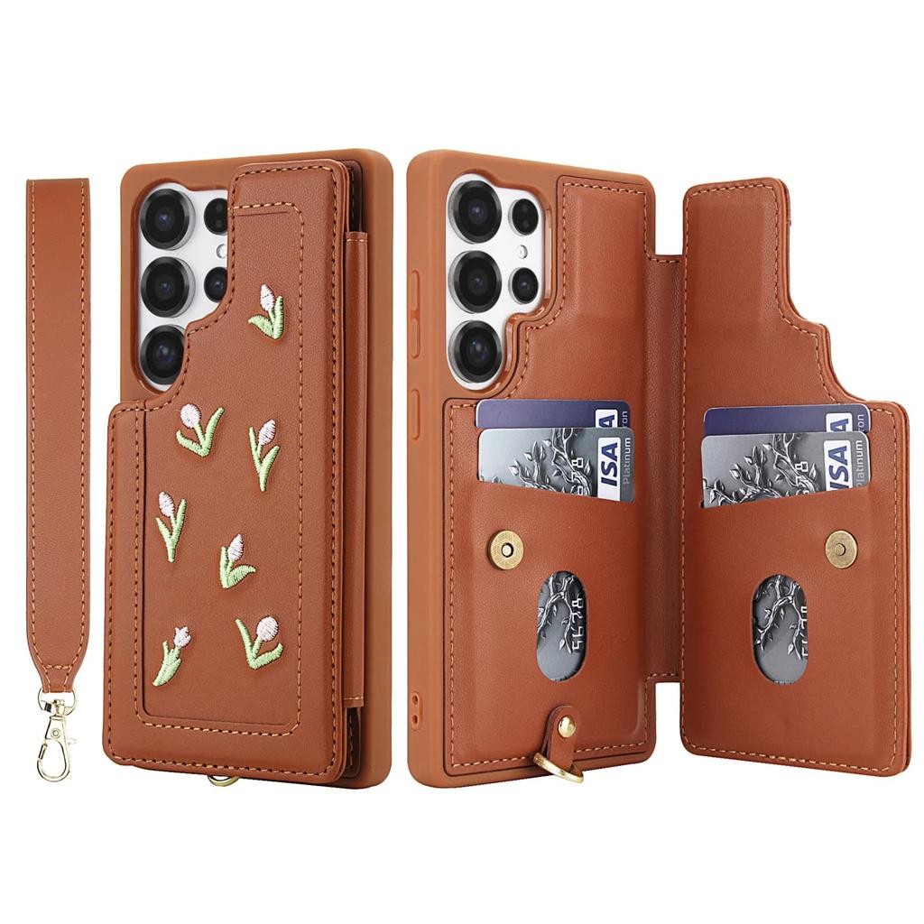 Flip Stoßfeste Hülle für Samsung Galaxy S25 S24 S23 Ultra Plus S24 FE Stereo Blume mit Lanyard Ständer Brieftaschenhülle für Damen