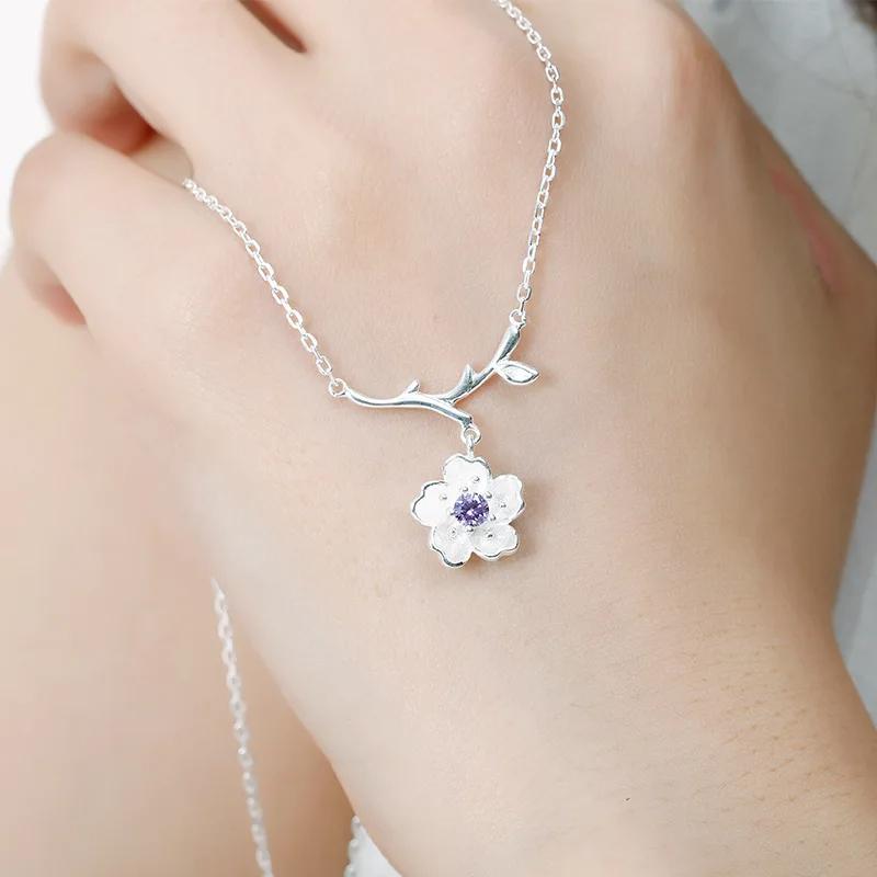 Silver Cherry Blossom Flower Cubic Zirconia Stone Jewelry Sets for Women Floral Necklace Bracelet Earring Ring Wedding Set