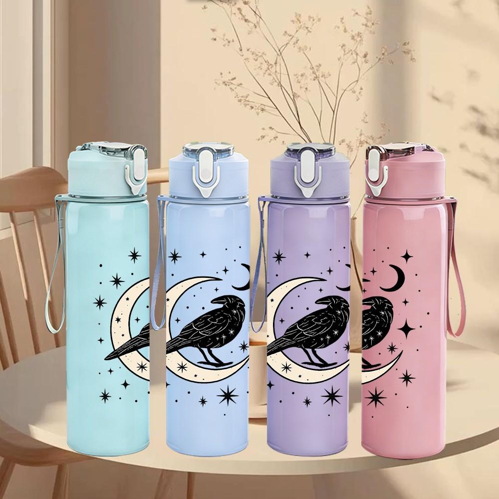1PC Crow Moon Night Silhouette 750ml Color Plastic Sports Water Bottle Leakproof Flip Straw Lid Suitable for Sports Office Home Use