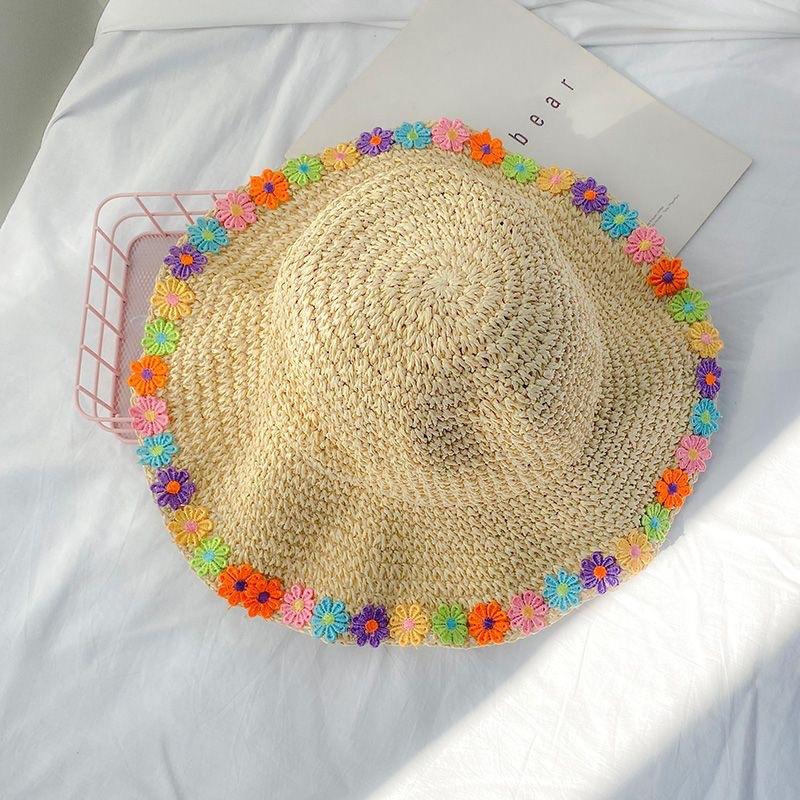 Hyunya Colored Flower Edge Foldable Straw Hat Women's Summer Sun Hat Small Fresh Beach Hat Seaside Vacation Sun Protection