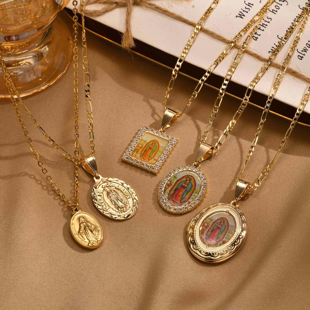 Vnox Dainty Virgin Mary Women Necklace Stainless Steel Chain Geometric Pendant Catholic Blessed Necklaces Religious Lucky Collar