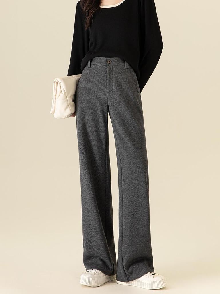 Guang Mei Women's 2025 Winter Velvet-Enhanced Silk Wool Straight-Leg Pants: Slimming, Casual, and Wide-Leg Fit
